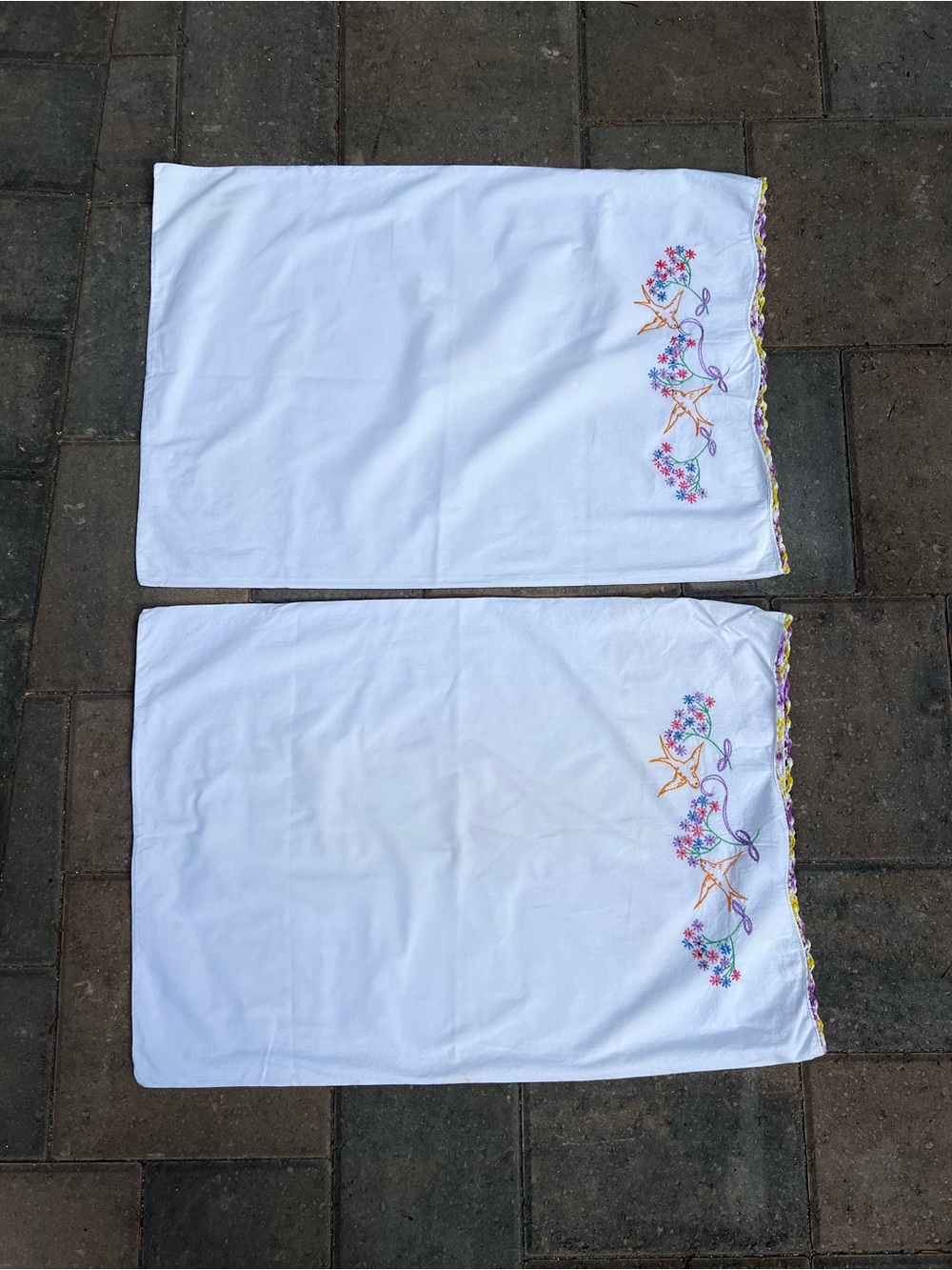 Pair of Hand Embroidered Bluebird Pillowcases Crocheted Lace Edge Floral